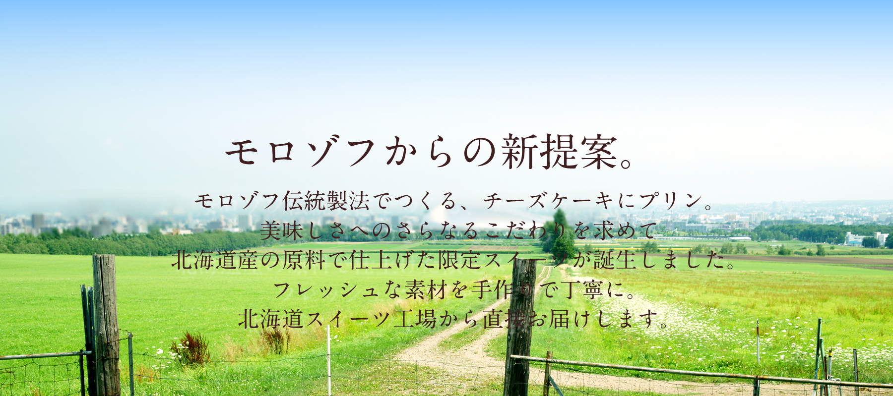 モロゾフからの新提案。 モロゾフ伝統製法でつくる、チーズケーキにプリン。美味しさへのさらなるこだわりを求めて北海道産の原料で仕上げた限定スイーツが誕生しました。フレッシュな素材を手作りで丁寧に。北海道スイーツ工場から直接お届けします。